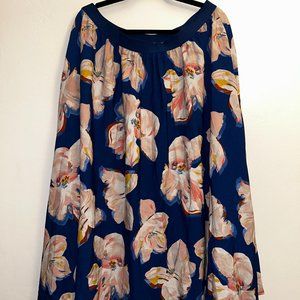 Blue Floral Pleated Ankle-Length Skirt
